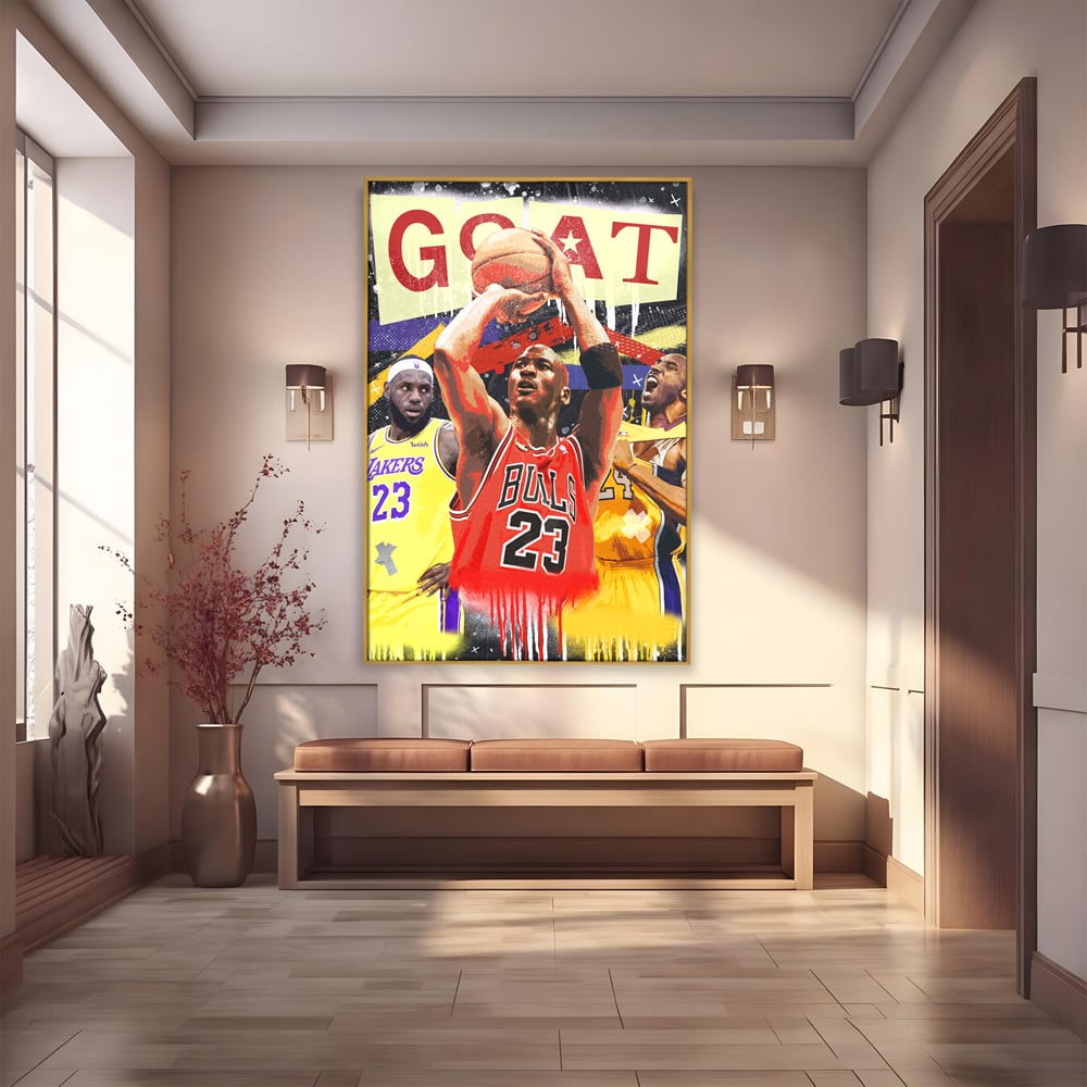 Tablou canvas cu tablou canvas cu michael jordan in actiune, in rama de aluminiu auriu